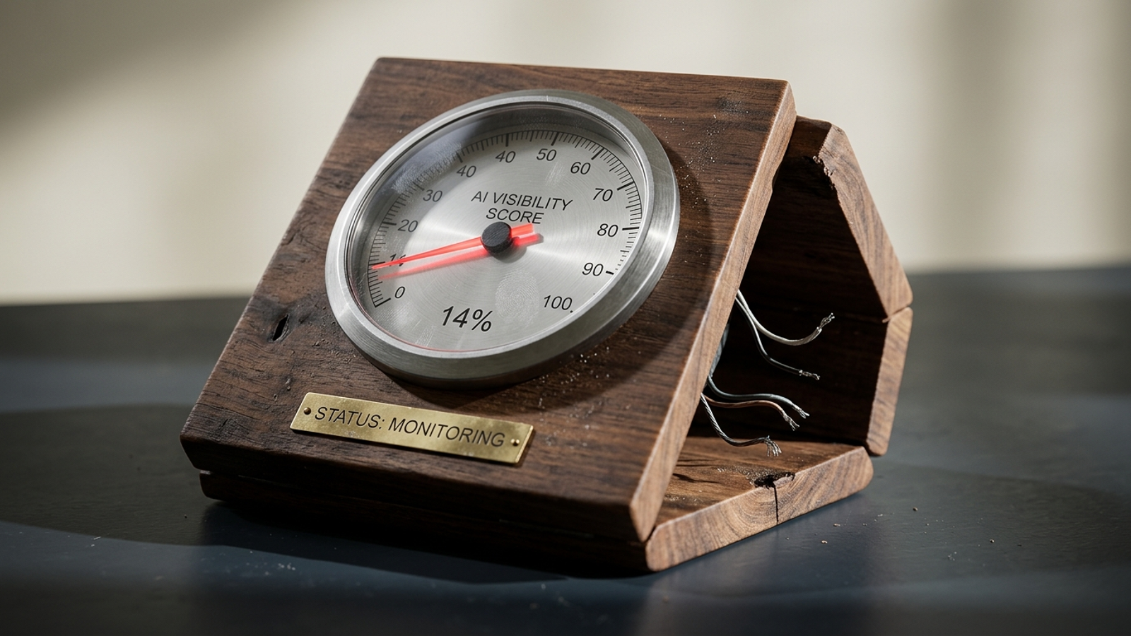 A brass gauge displays an AI visibility score with no machinery connected behind it.