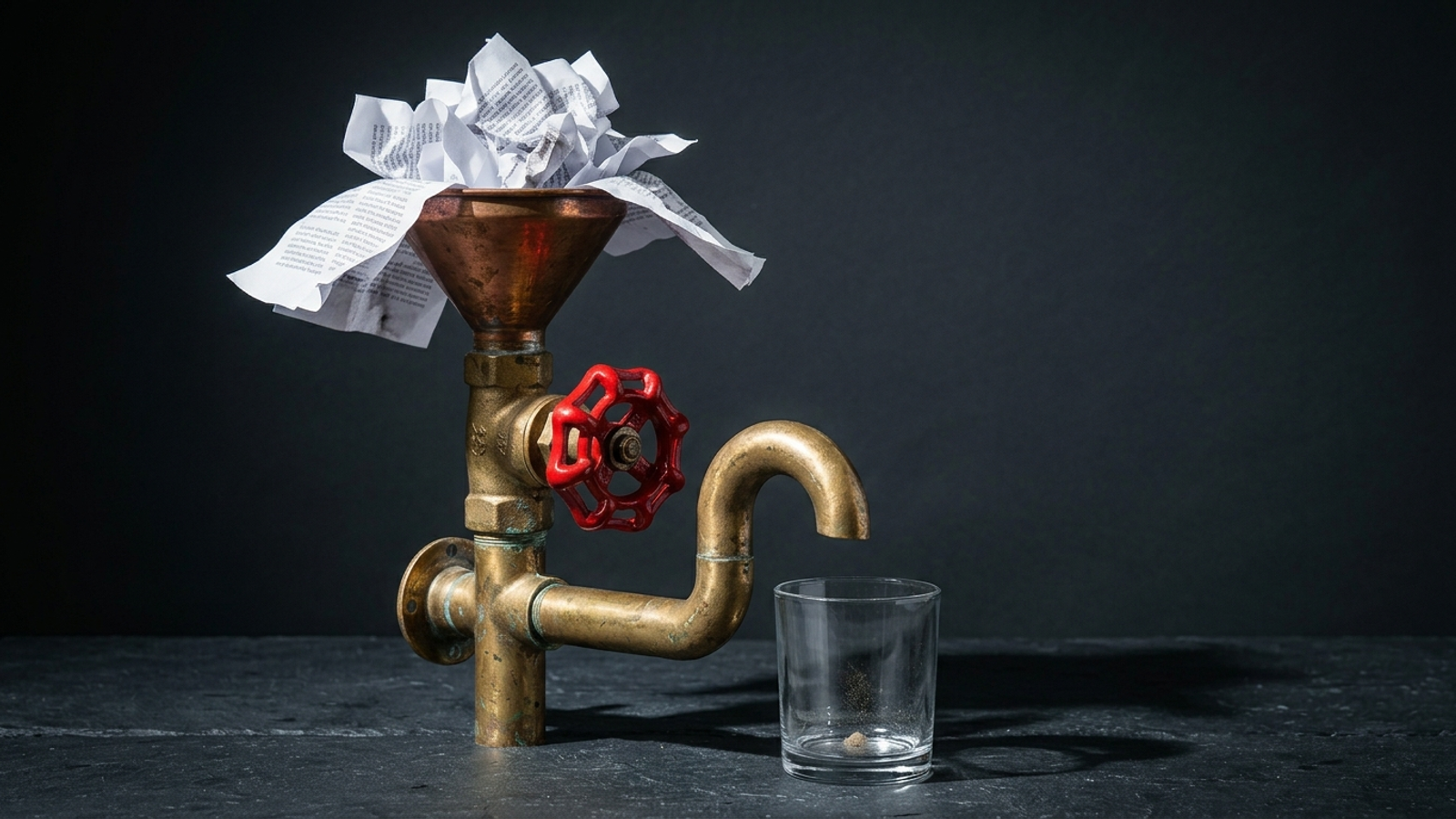A funnel stuffed with printed articles feeds a pipe whose red valve is shut, so an empty glass sits under a dry tap: content can't flow past the block.