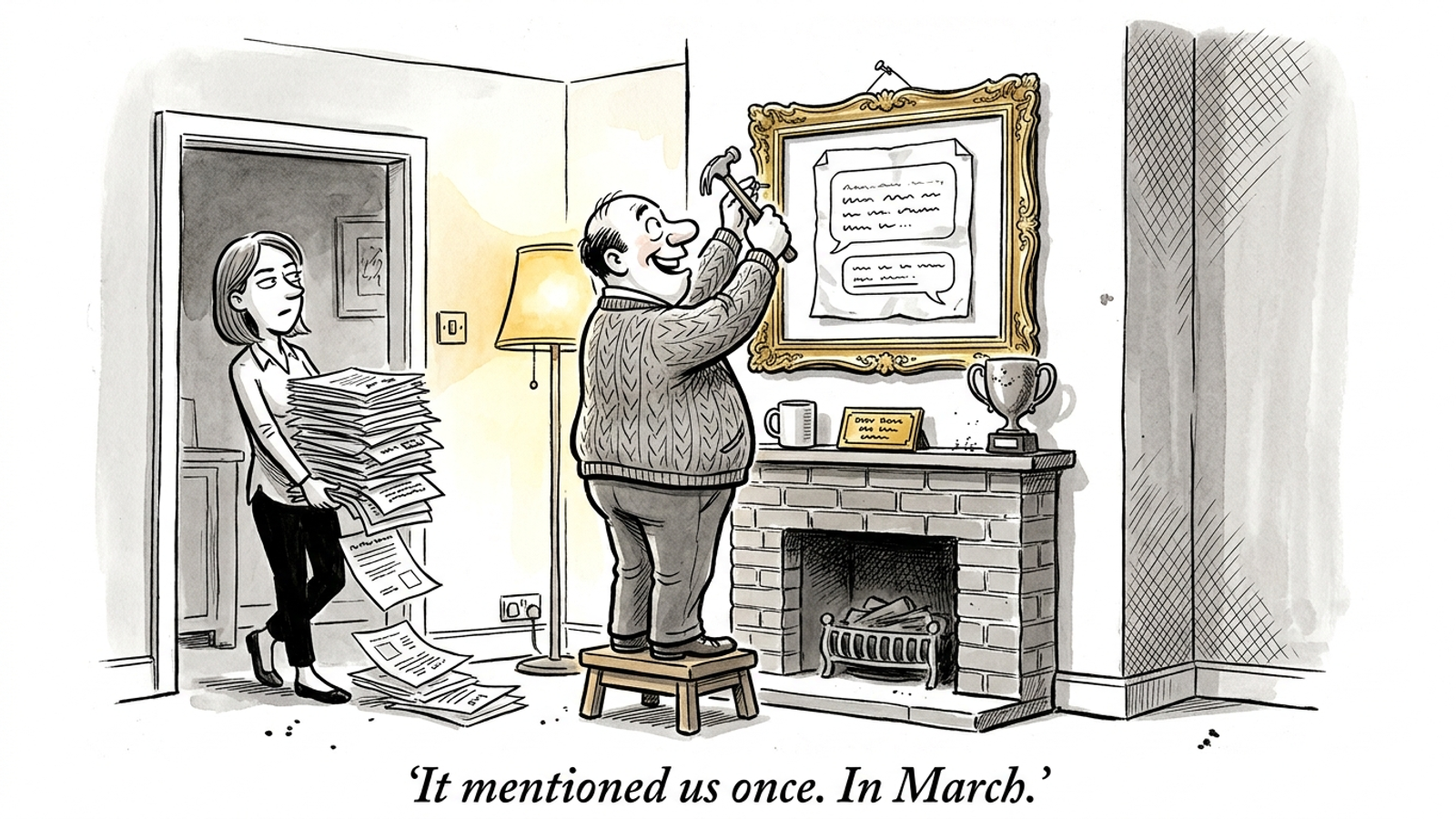 Cartoon of a proud owner framing one chatbot printout like a trophy fish while a colleague holds a pile of different answers: one screenshot proves nothing.