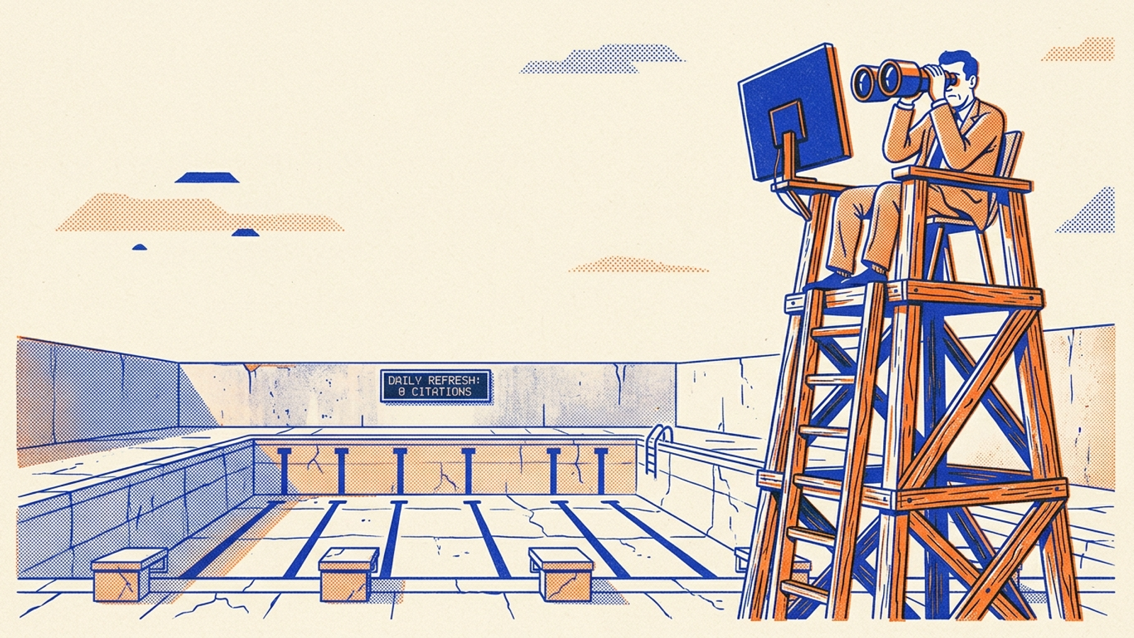 Risograph-style editorial illustration of a lifeguard watching an empty concrete swimming pool.