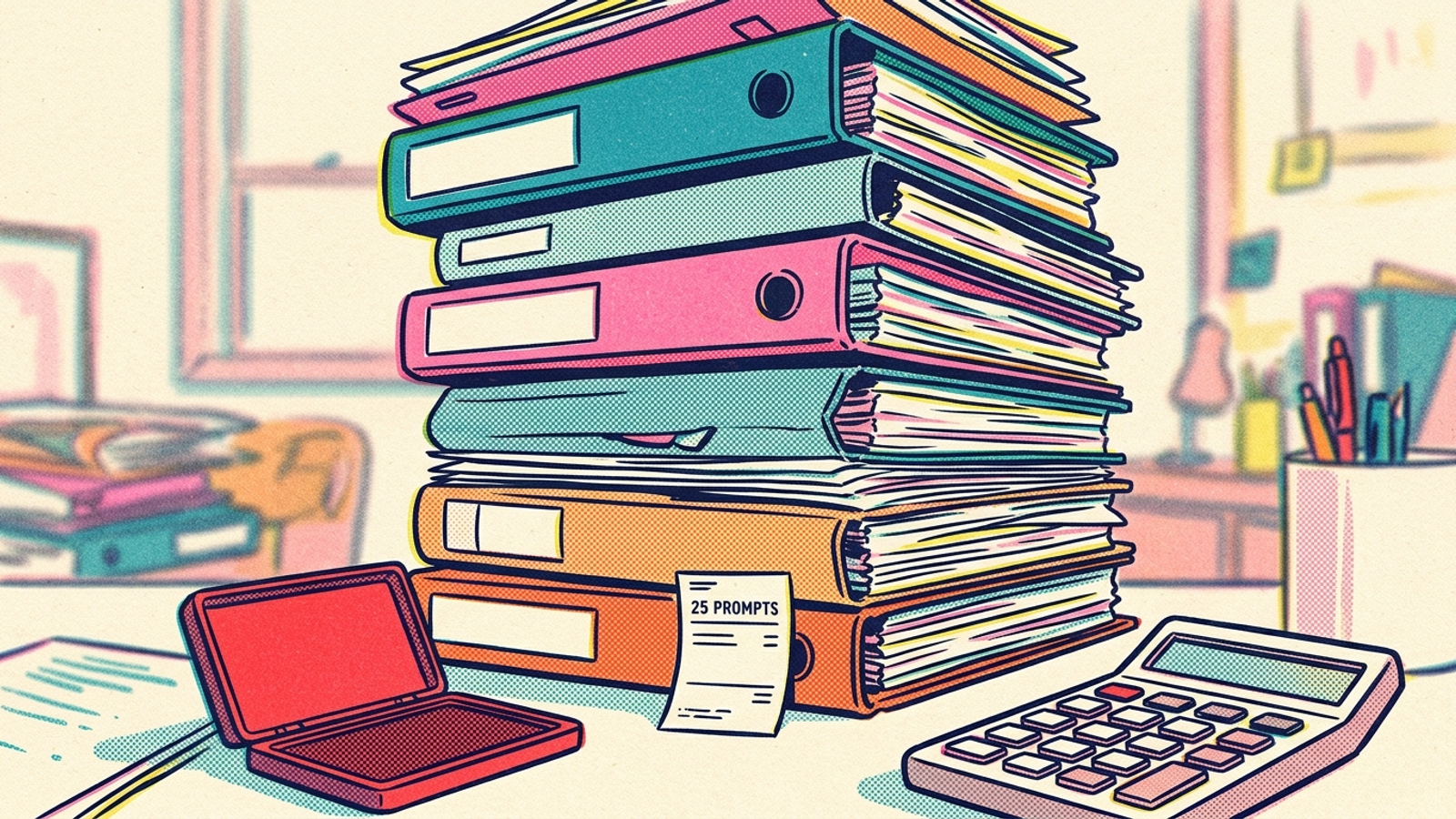 A small invoice for 25 tracked prompts beneath a stack of client reports