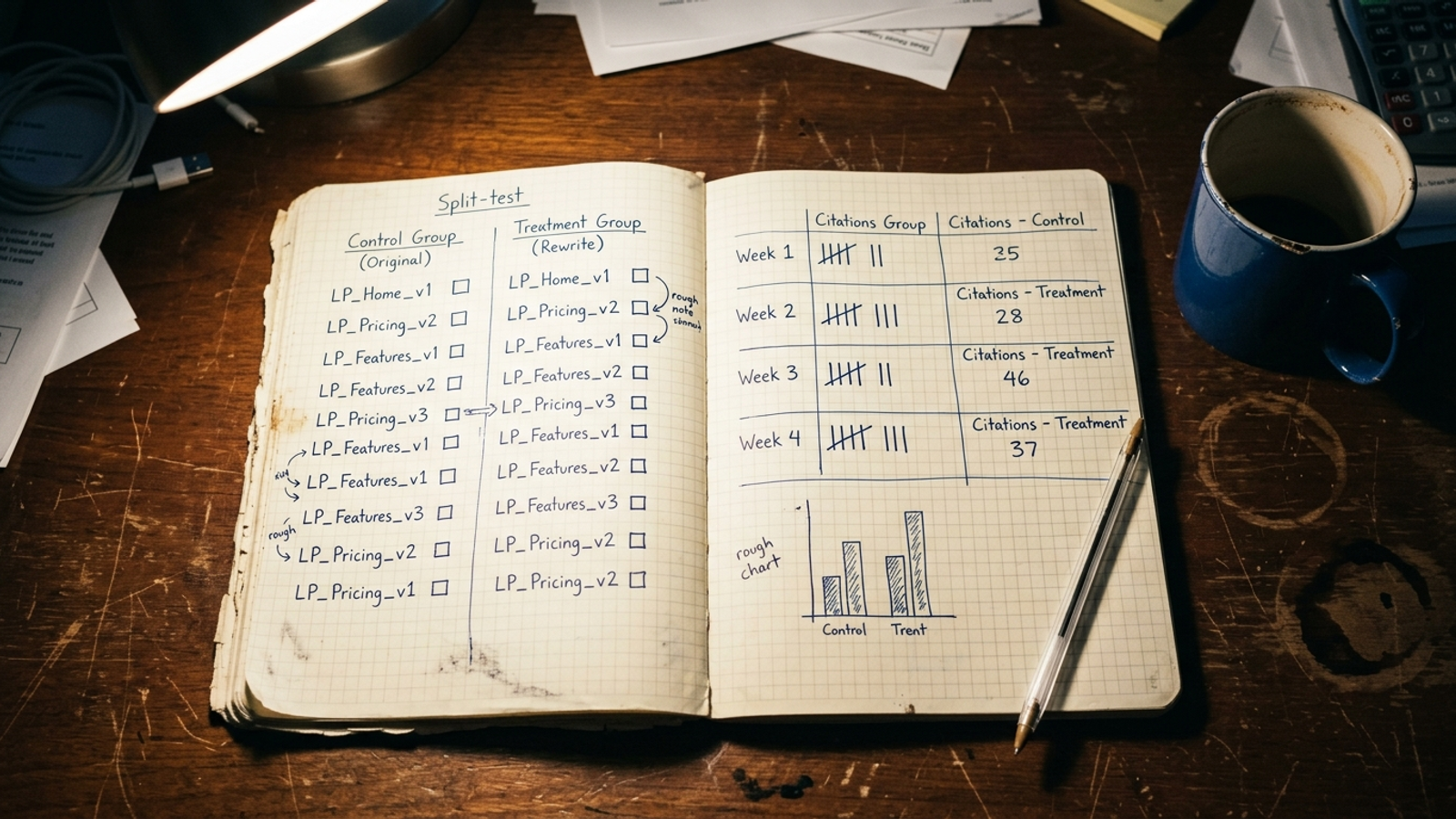 Lab notebook with landing-page pairs labeled treatment and control