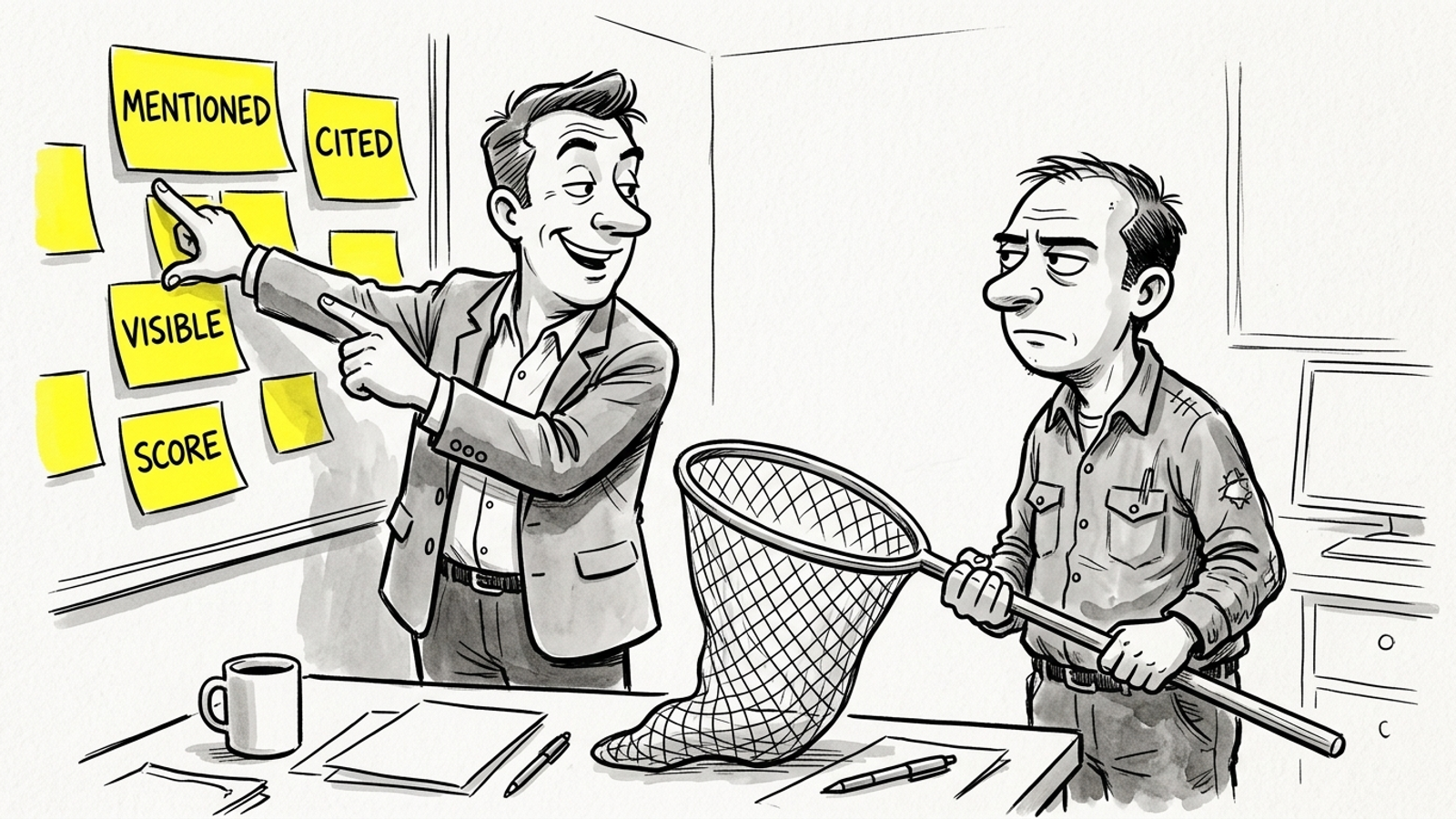 Ink cartoon of a vendor pointing at a tangled word cloud while a buyer holds an empty net