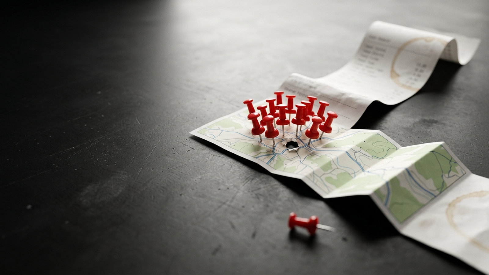 A paid receipt curls across a desk and turns into a road map full of red pins, with one empty hole showing where your brand is missing.