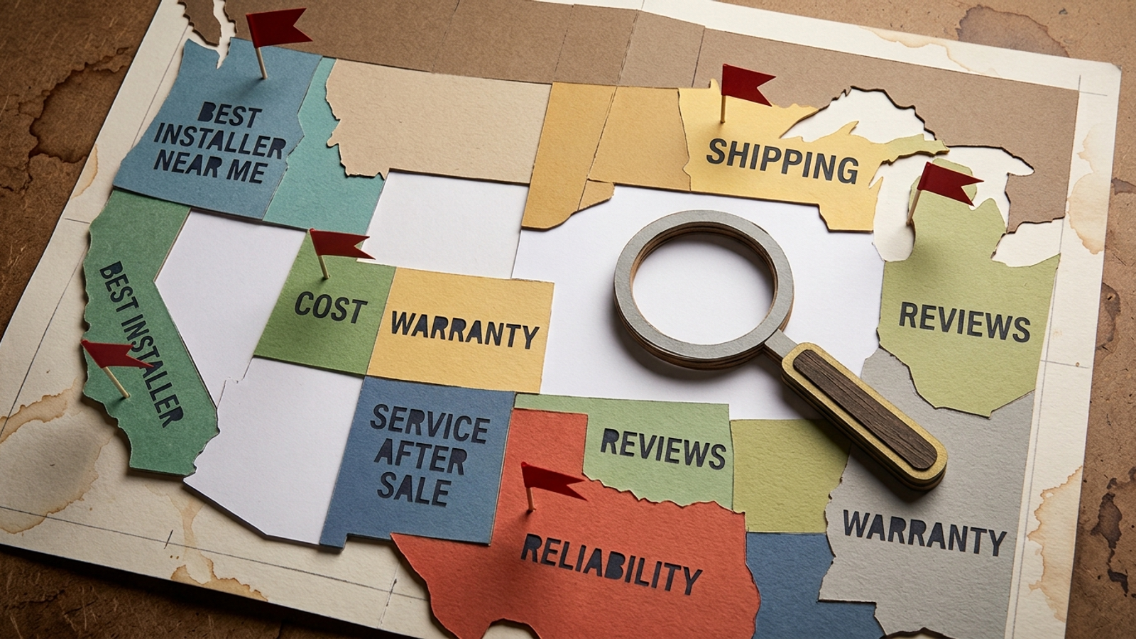 A paper map of buyer questions with competitor flags marking gaps, viewed from above