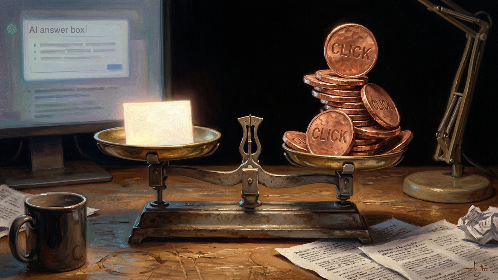 A small glowing citation weighed against a stack of costly ad clicks