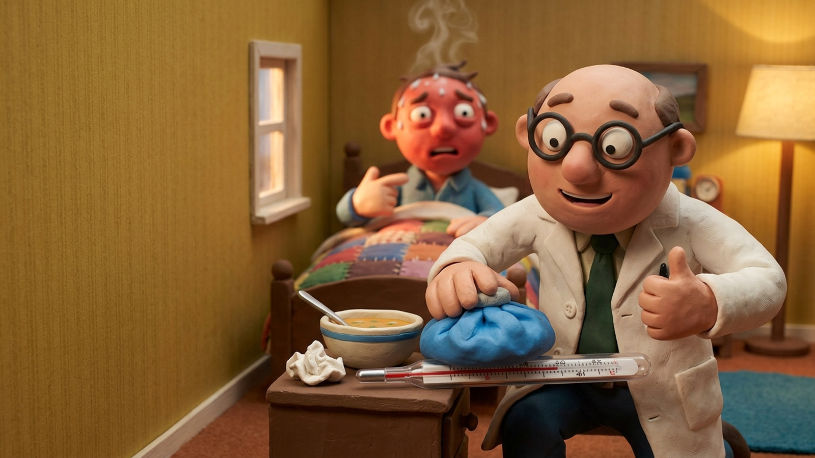 Clay doctor proudly ices a thermometer to lower the reading while the feverish red-faced patient behind him stays sick—fixing the gauge, not the cause.