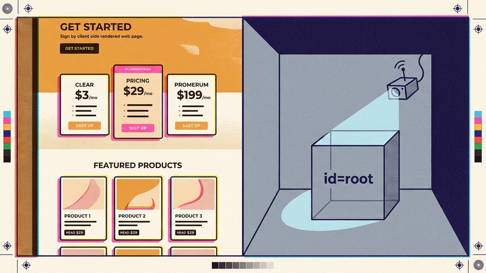 A storefront displayed in a browser beside the empty HTML shell fetched by a crawler.