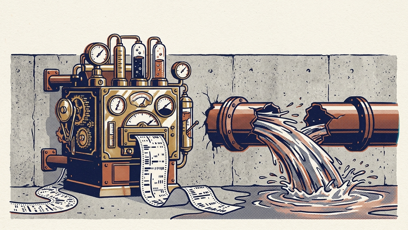 An ornate brass monitoring machine measures water pouring from a broken pipe instead of fixing the leak.