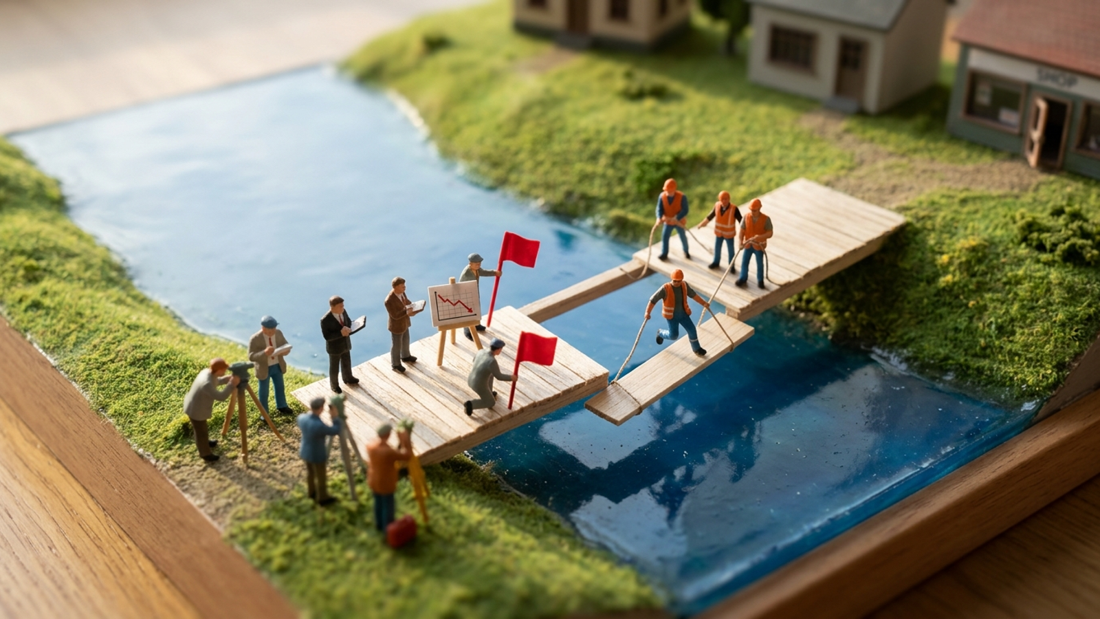 Model bridge with a missing span: tiny surveyors plant red flags and point charts at the gap while one small crew actually lowers in a new plank.