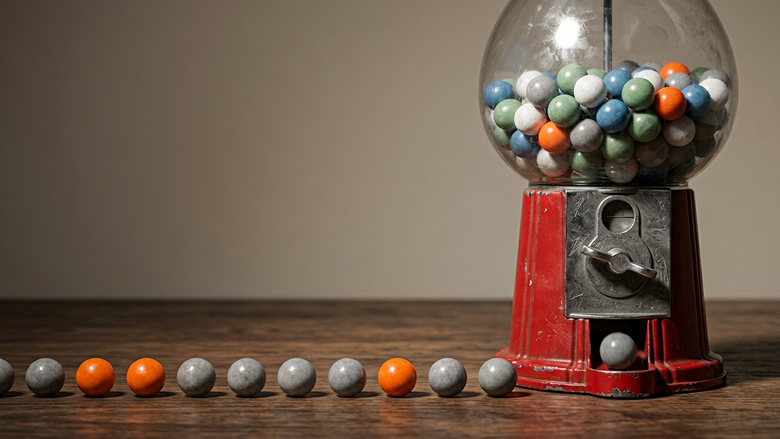A gumball machine drops a grey gumball while a row of ten earlier draws shows orange ones only now and then: each answer is a draw, visibility a rate.