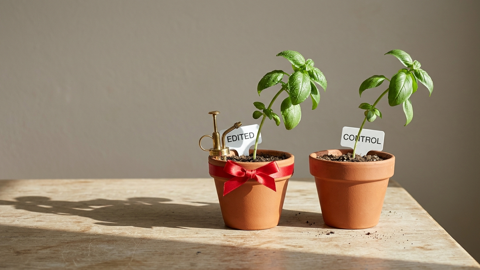 Two identical basil plants, one pampered with a red ribbon and labelled EDITED, one labelled CONTROL, both leaning identically toward the same window light.