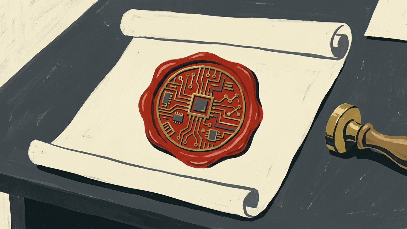 An ornate wax seal on an empty parchment scroll.