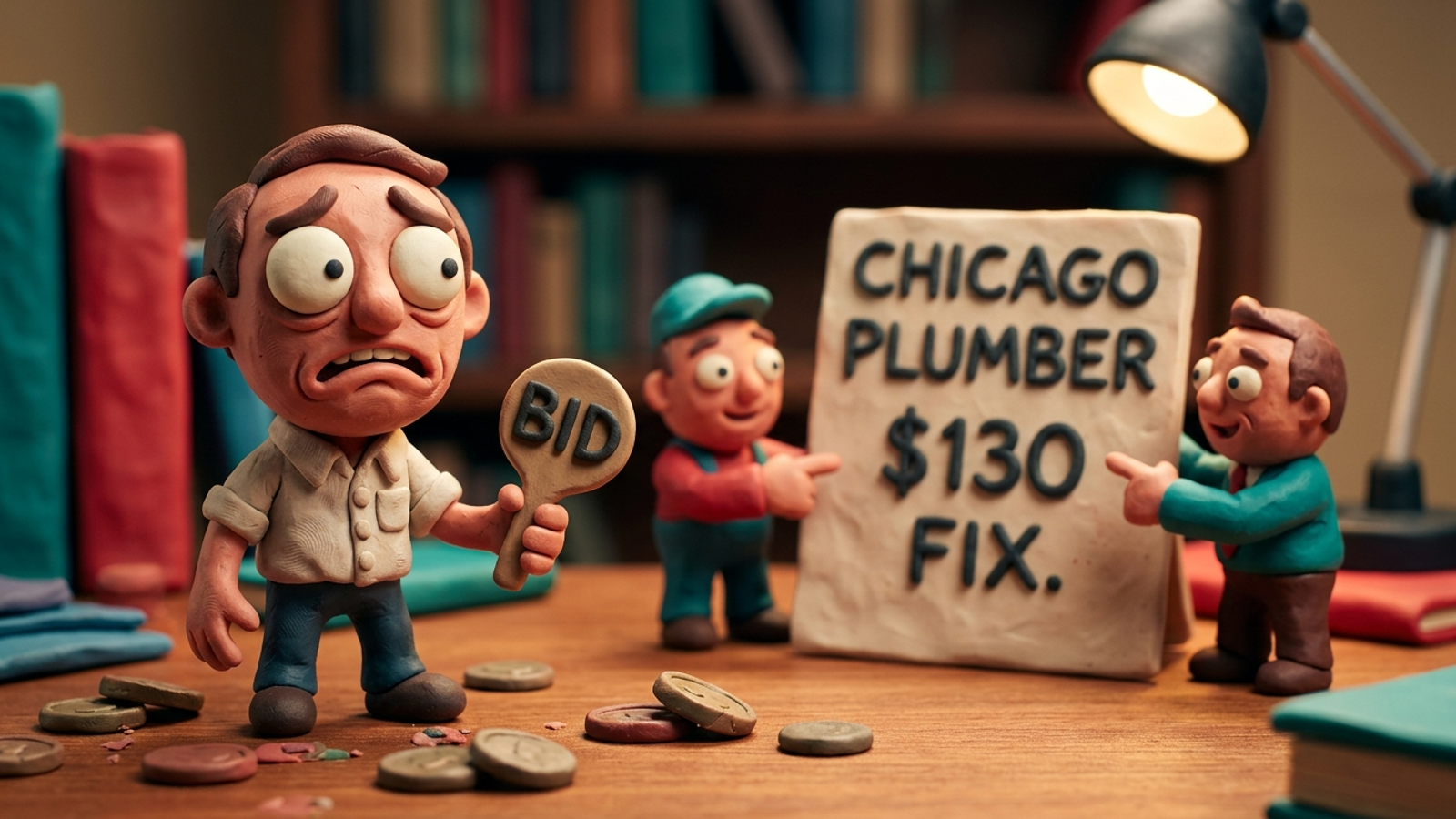 Clay stop-motion scene of a PPC bidder paddle losing to a quoted answer card