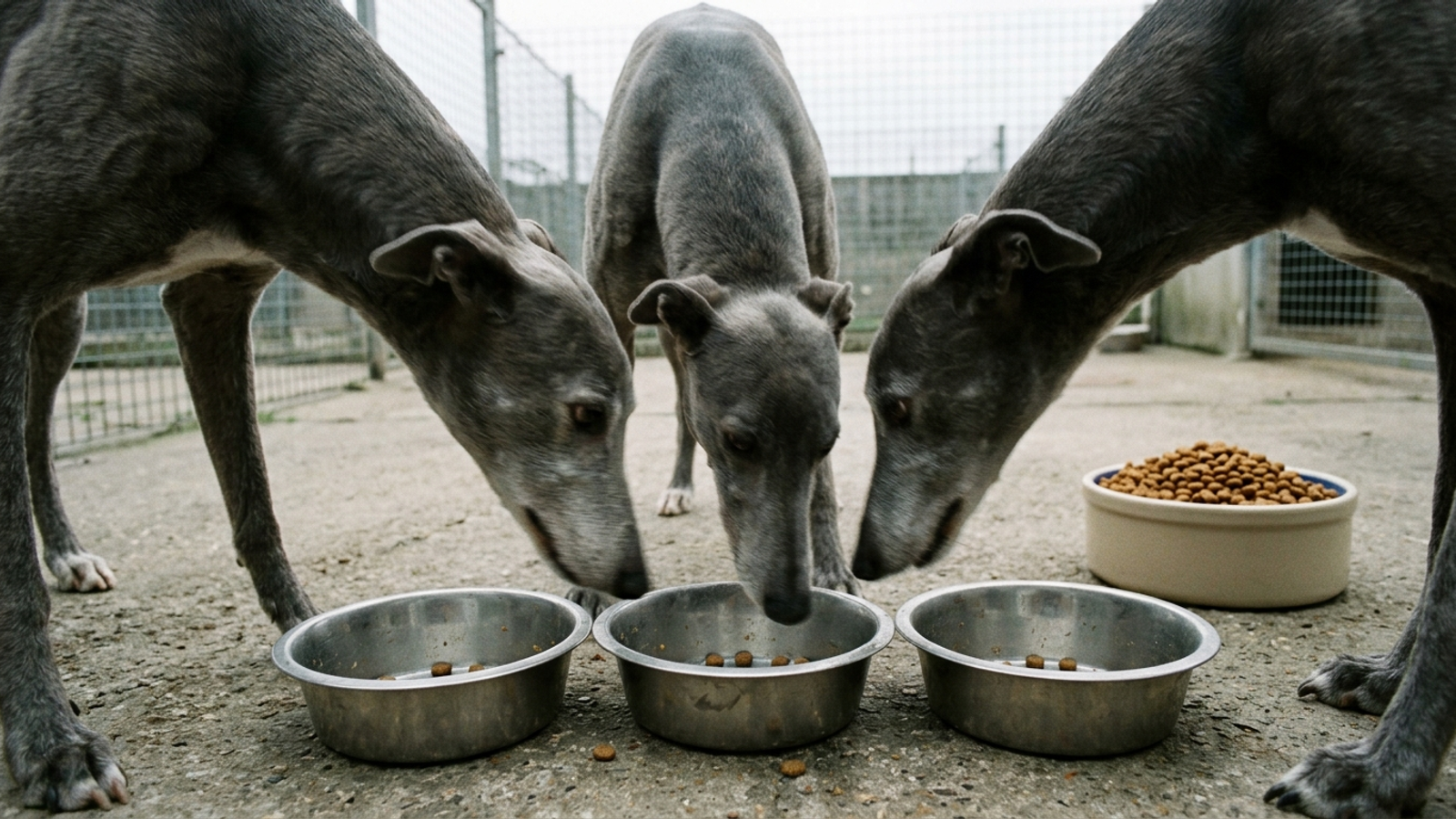 One small campaign is divided among three empty bowls while a full bowl sits nearby
