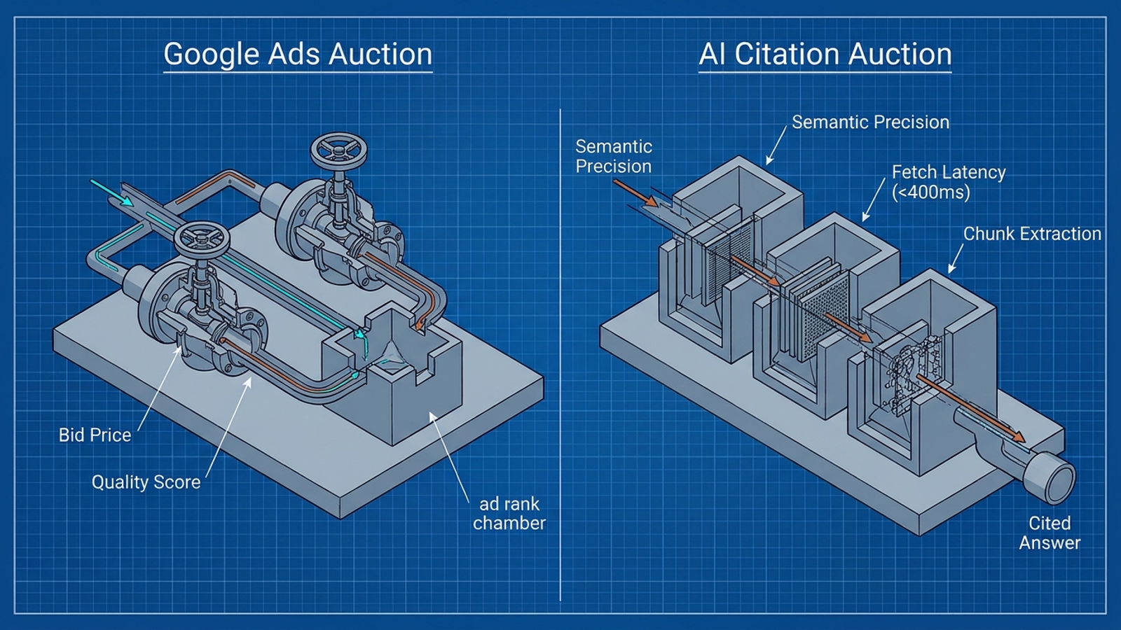 A diagram contrasts the recurring paid-search ad auction with the recurring selection of sources for an AI answer.