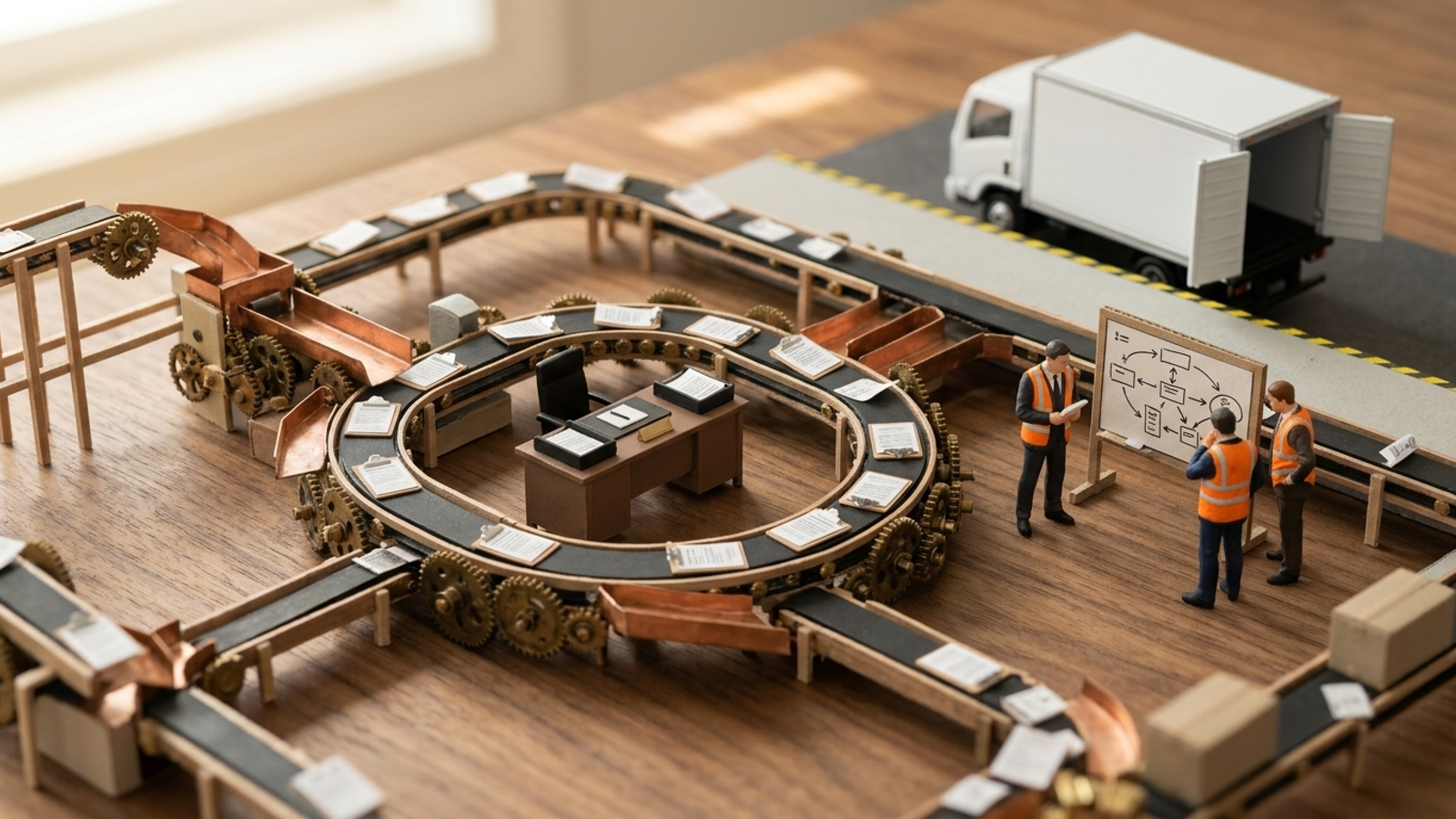 A tabletop conveyor belt carries paperwork in a loop while an empty delivery truck waits outside.
