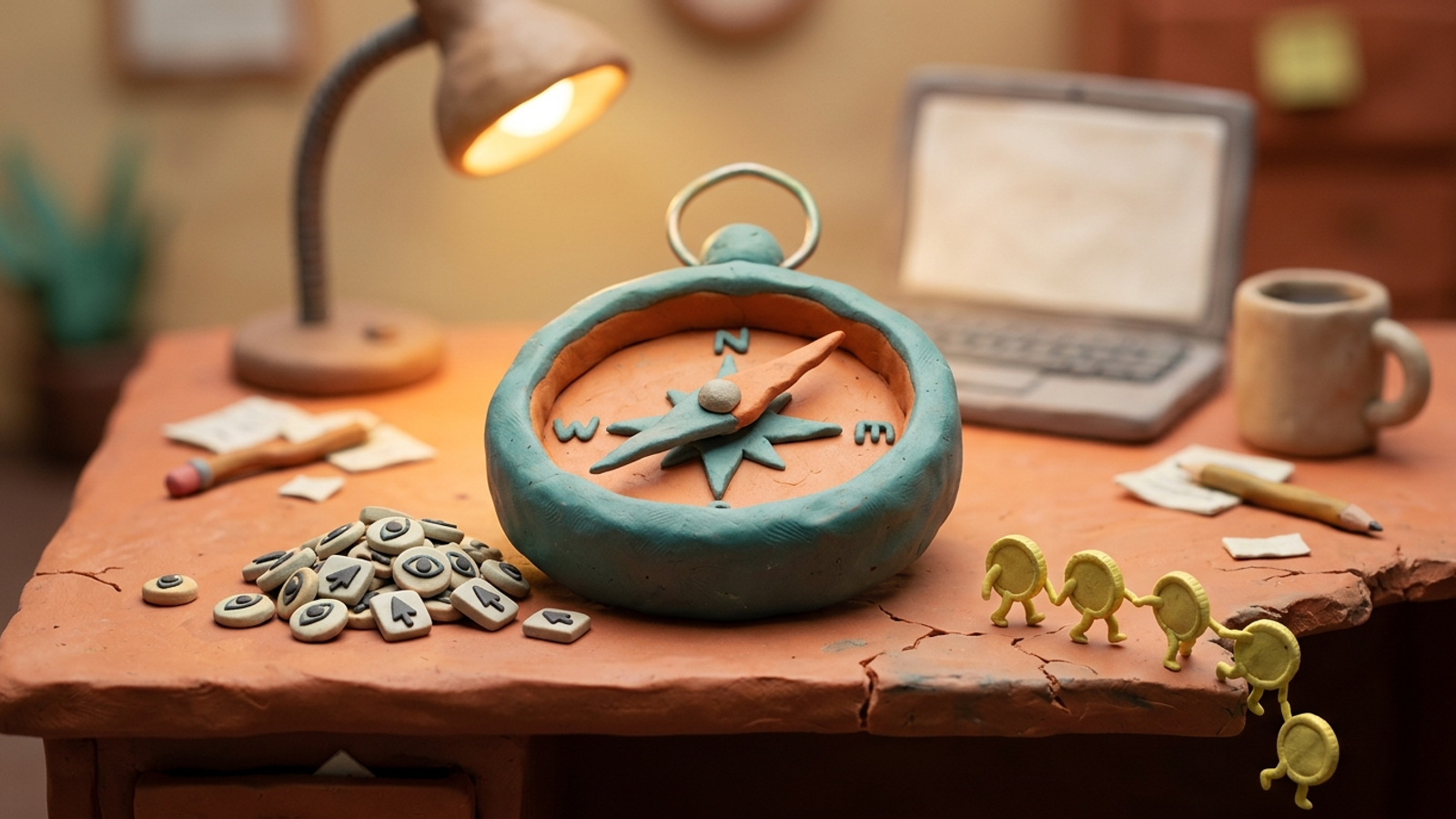 Cross-eyed clay tracking compass pointing toward junk clicks as buyers walk away