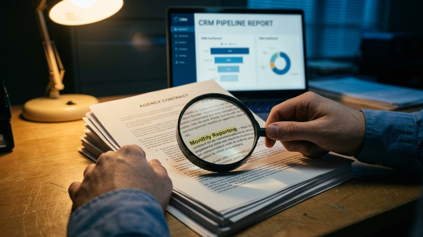 Magnifying glass over the reporting terms in a contract