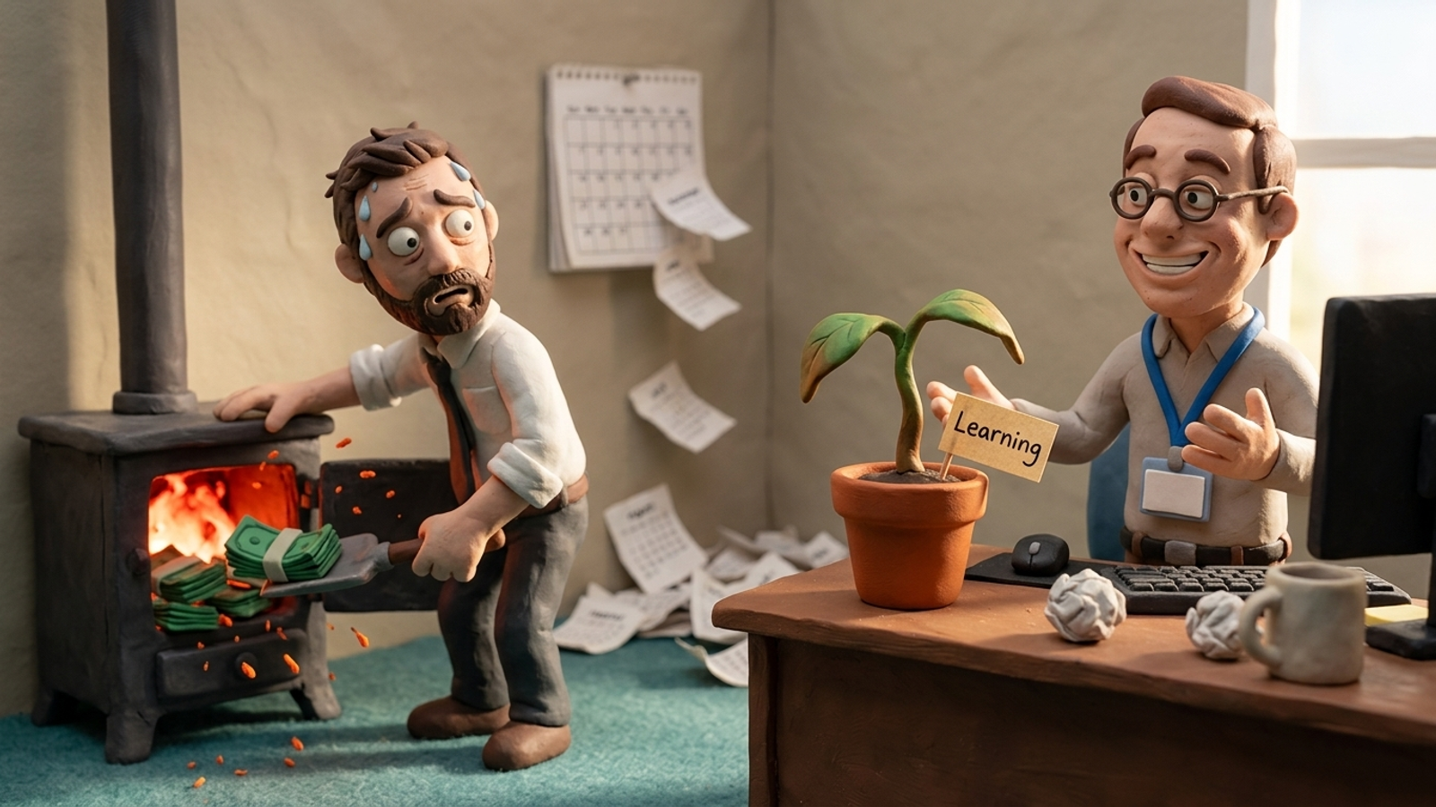 Clay agency rep proudly shows a tiny seedling tagged “Learning” while a sweating client shovels cash into a stove amid months of torn calendar pages.
