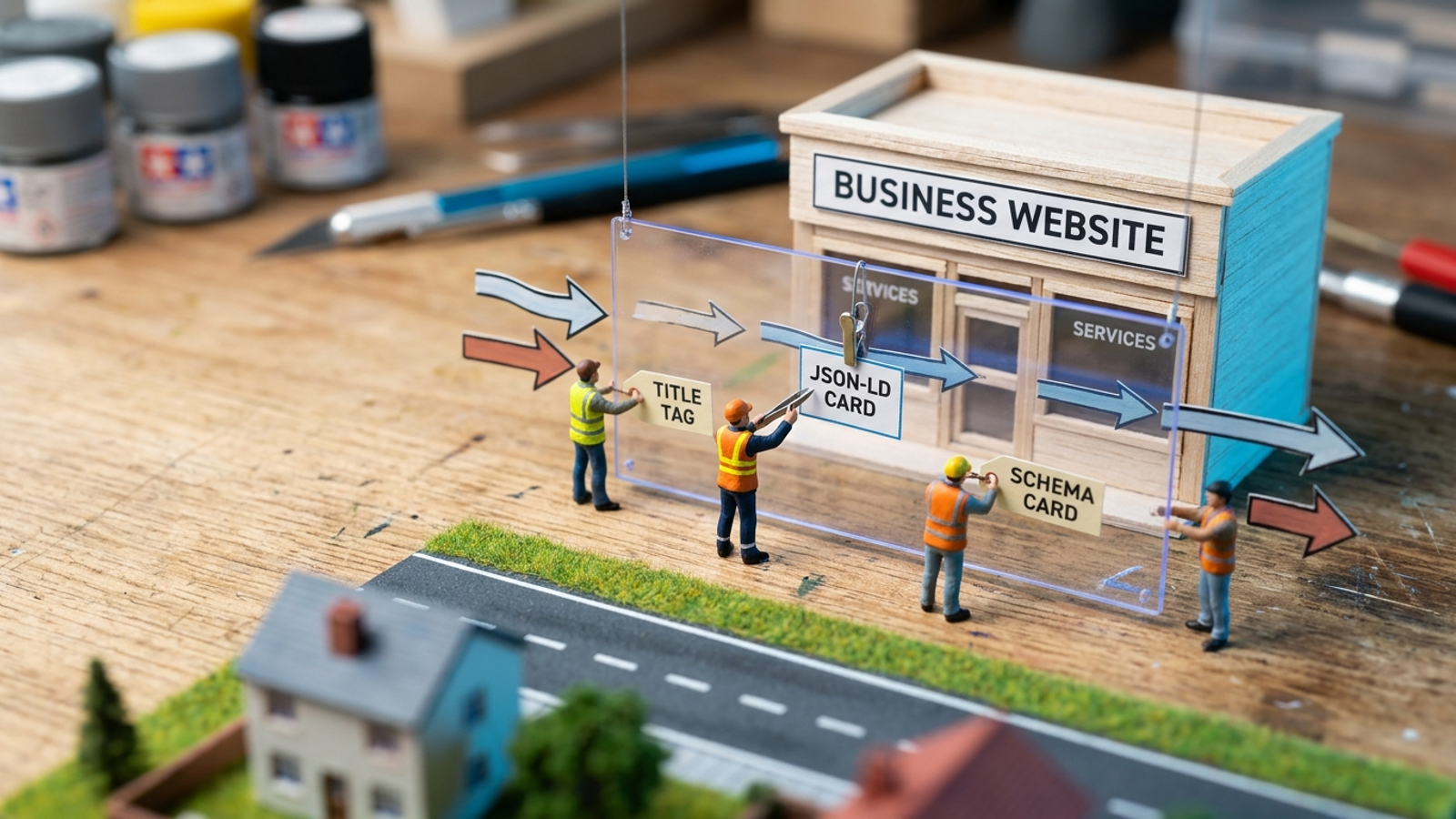 Miniature tabletop model of a client website with tiny worker figures routing traffic at the edge