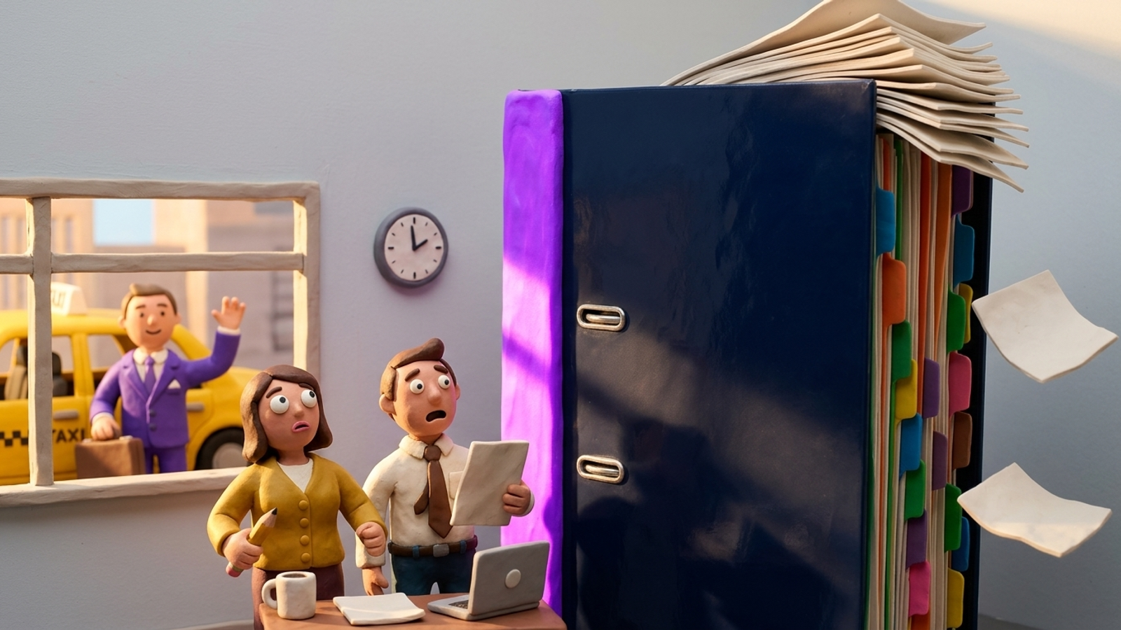 Two tiny clay marketers gape up at a towering neon-purple audit binder while the consultant who delivered it waves goodbye from a taxi.