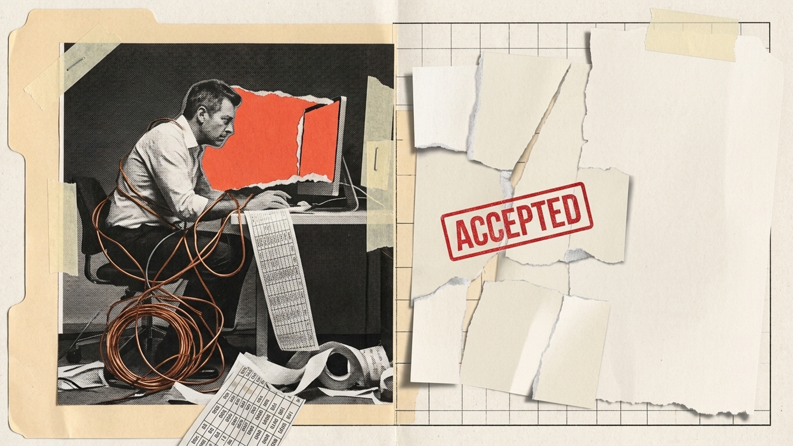 An engineer repairing a spreadsheet beside an agency invoice filled with vanity metrics.