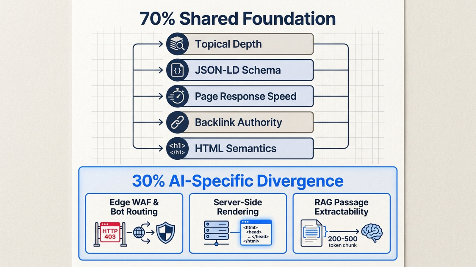 An infographic divides foundational SEO overlap from AI-specific visibility checks.