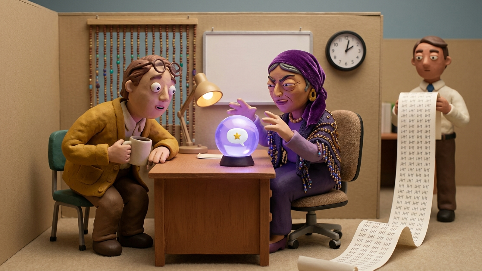 Clay figures: a marketer trusts a fortune teller's crystal ball showing one chat bubble, ignoring an intern's huge scroll of hundreds of tally marks.