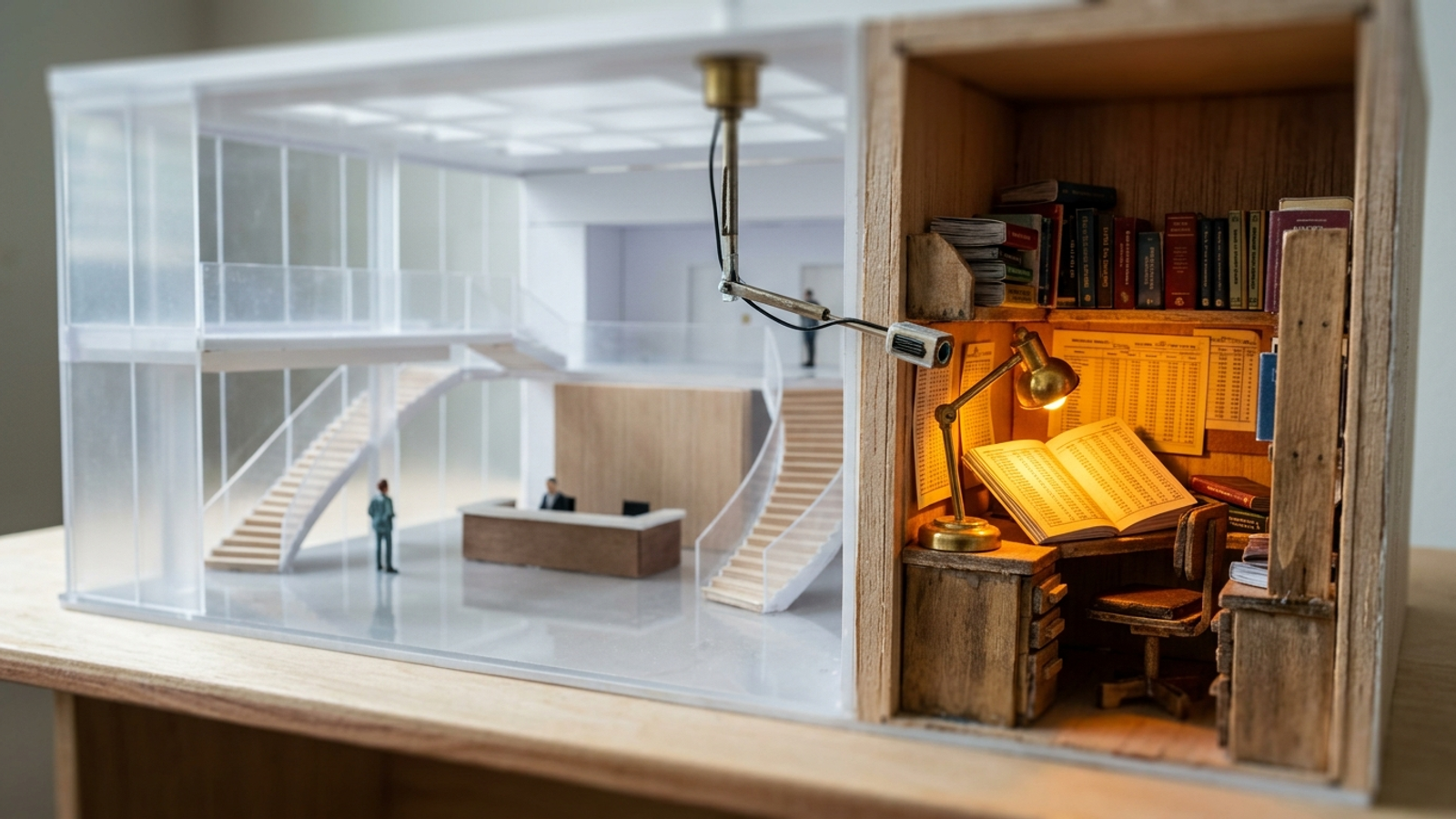 An empty glass atrium beside a small library carrel packed with open books.