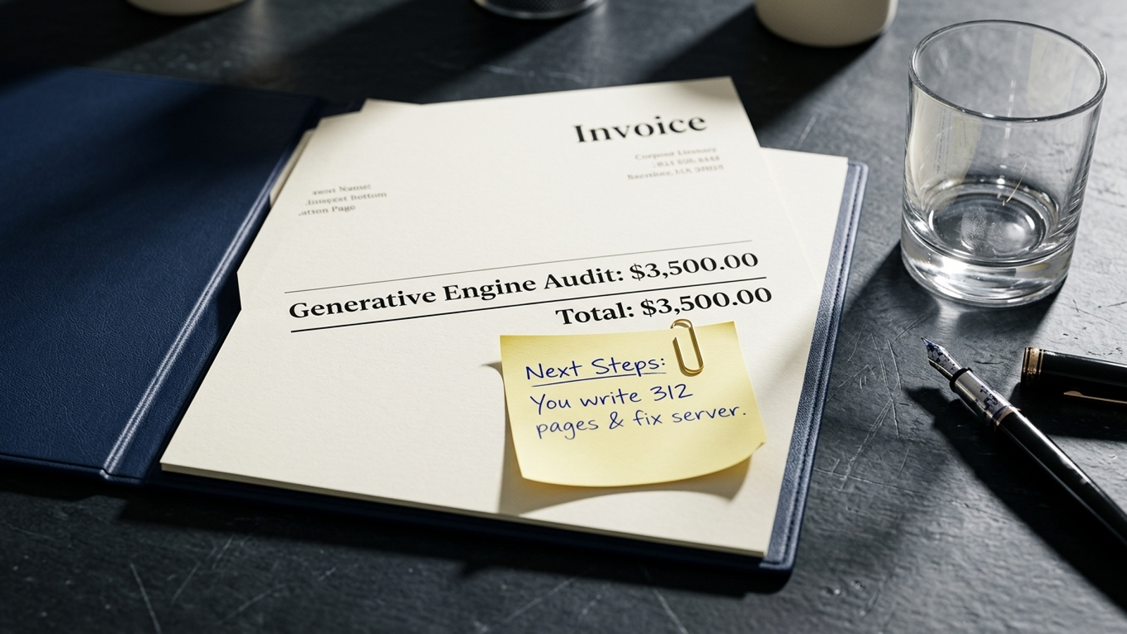 An audit invoice beside a note assigning the implementation work to the client.
