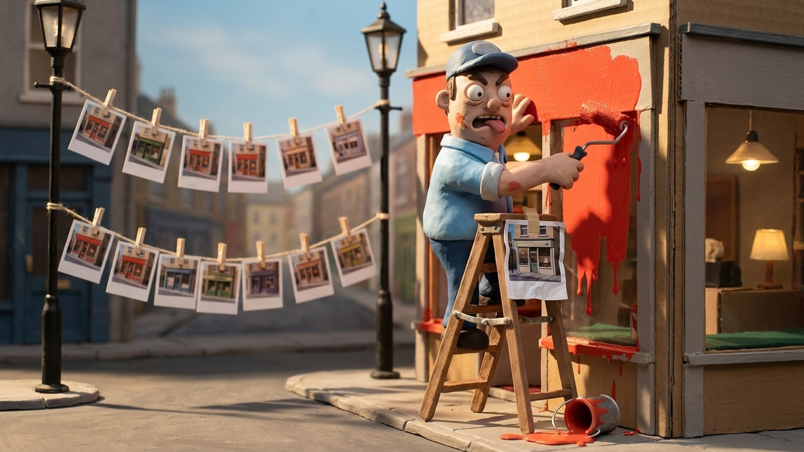 A clay shop owner frantically repaints his storefront over one Polaroid of a rival, ignoring a line of photos behind him where his shop appears in most.