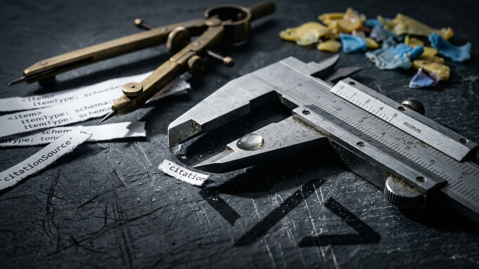 A drafting compass and calipers beside shredded schema code and broken plastic widgets.