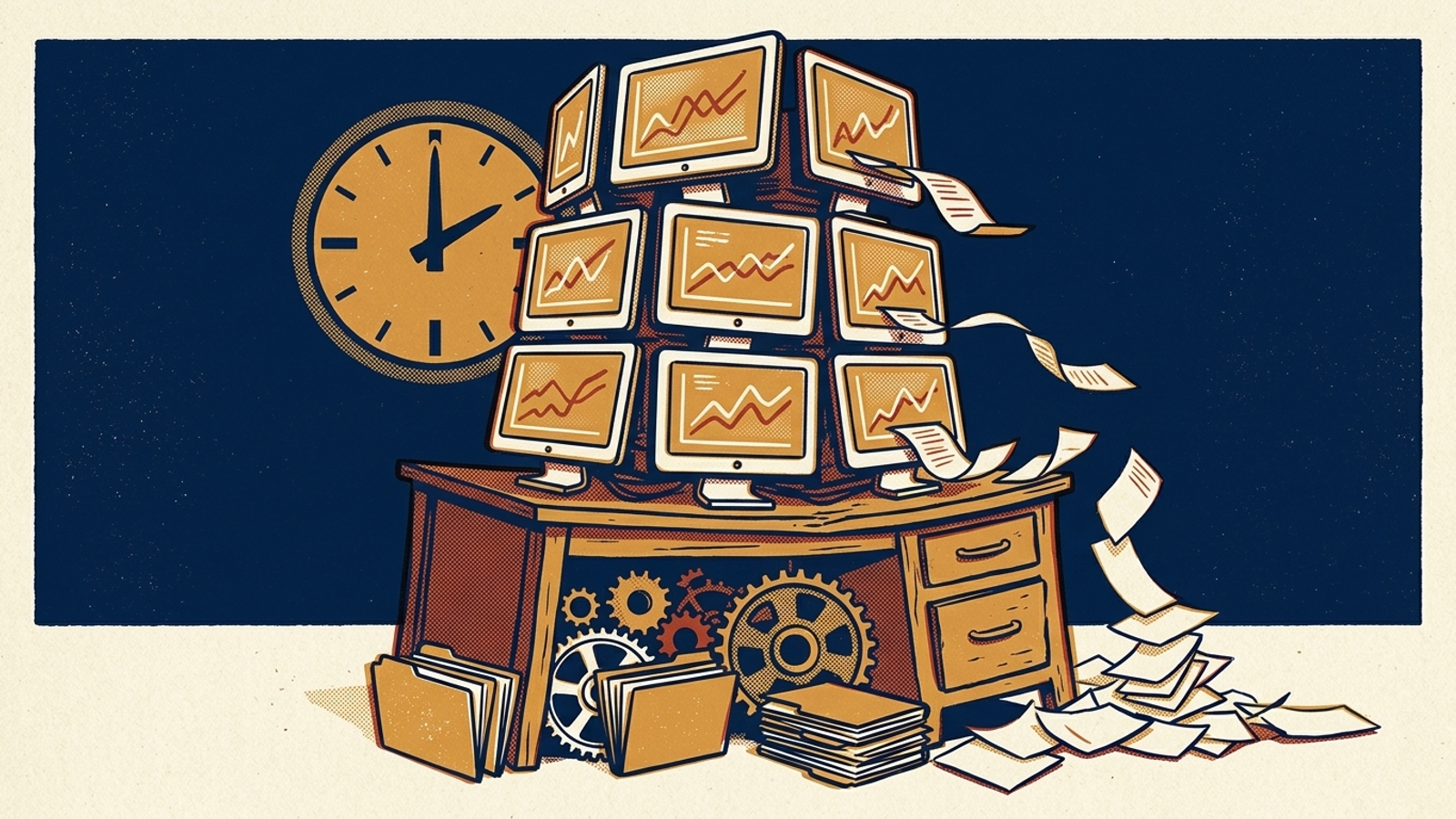 Illustration of an agency desk buckling under dashboard screens and client paperwork.