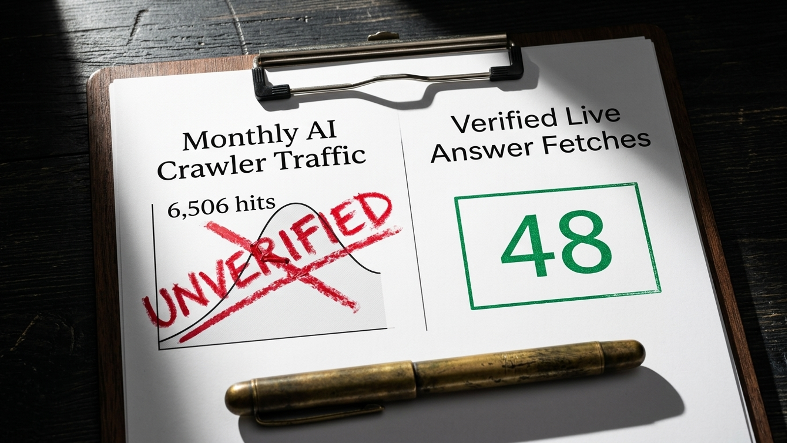 An inflated raw-crawler count is crossed out beside a report of verified live-answer fetches.