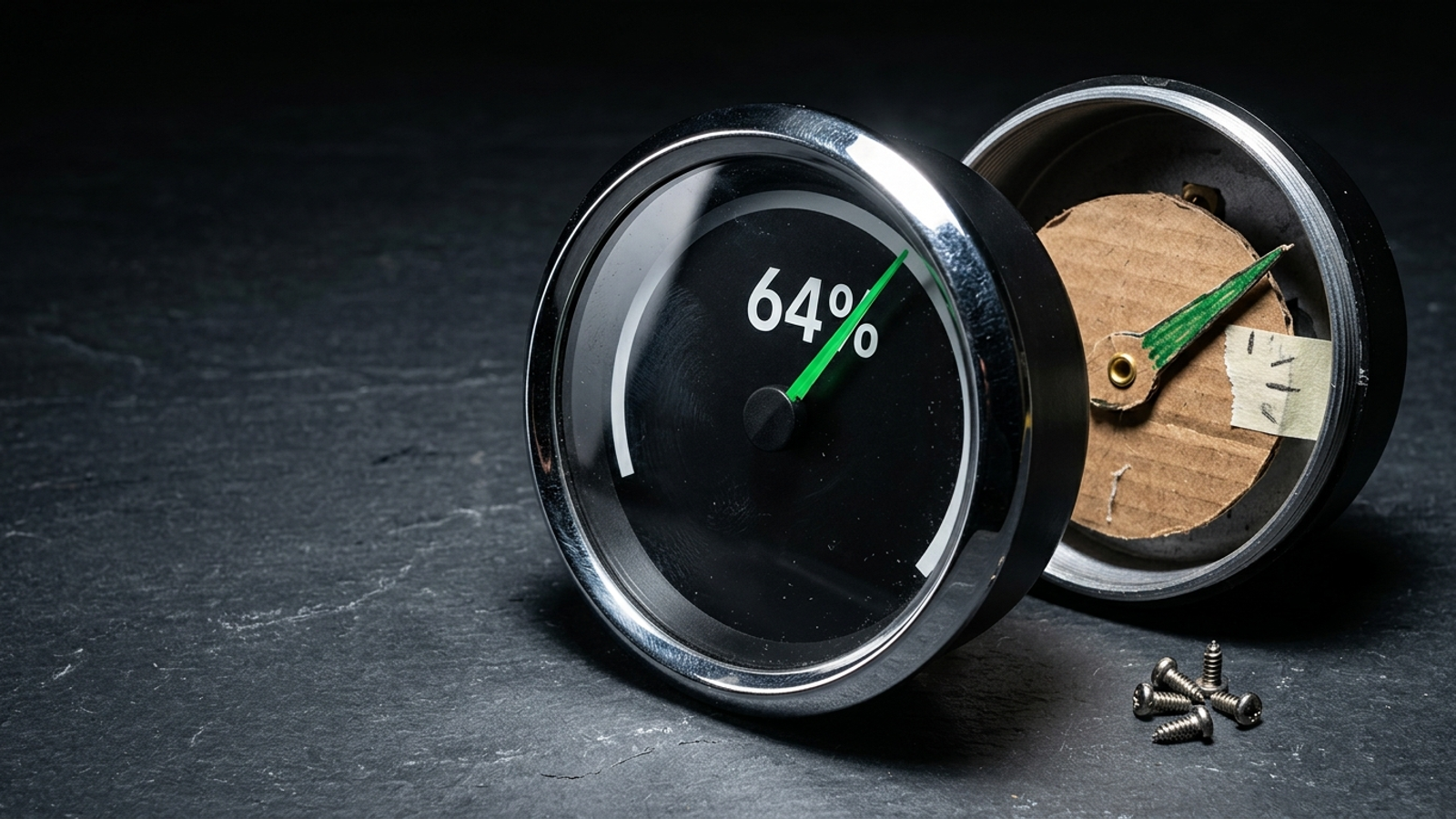 A polished gauge reading 64% is opened from behind to reveal a cardboard disc and marker-drawn needle, exposing the impressive score as a flimsy facade.