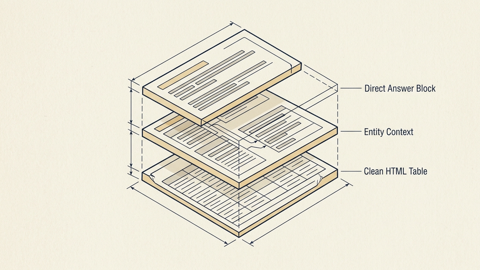 Cutaway diagram of an AI-citable page with a direct answer, entity markup, and an HTML table.