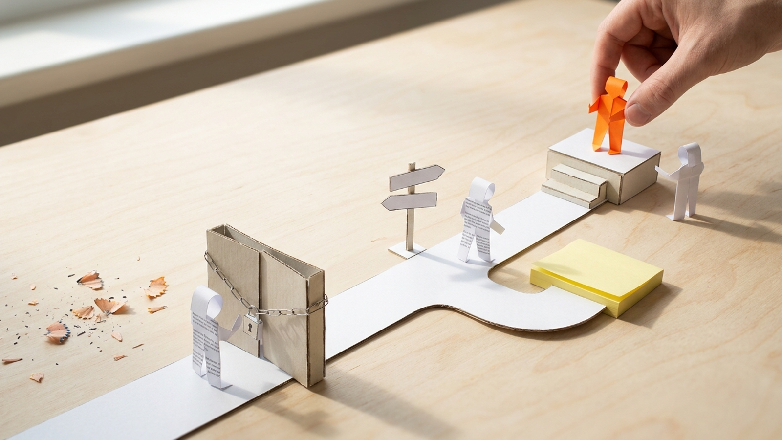 Tabletop paper model where three page figures fail at different points—a locked gate, a wrong turn, and a podium where a hand picks another page.