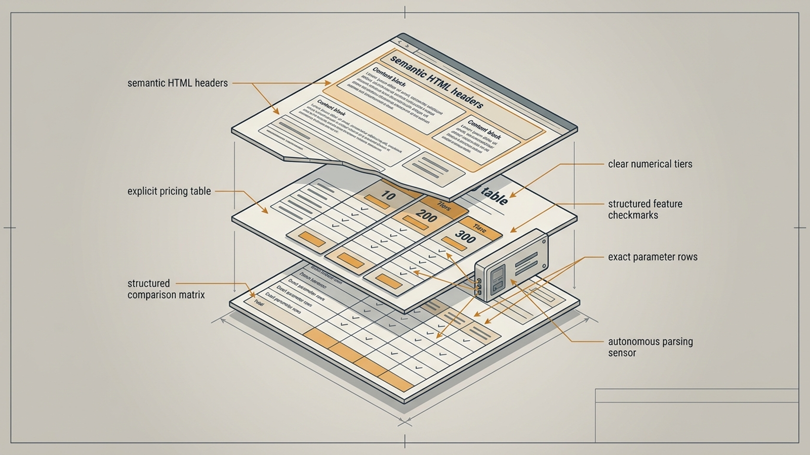 Technical drawing of a page with pricing tables and specification cards under clear HTML headings