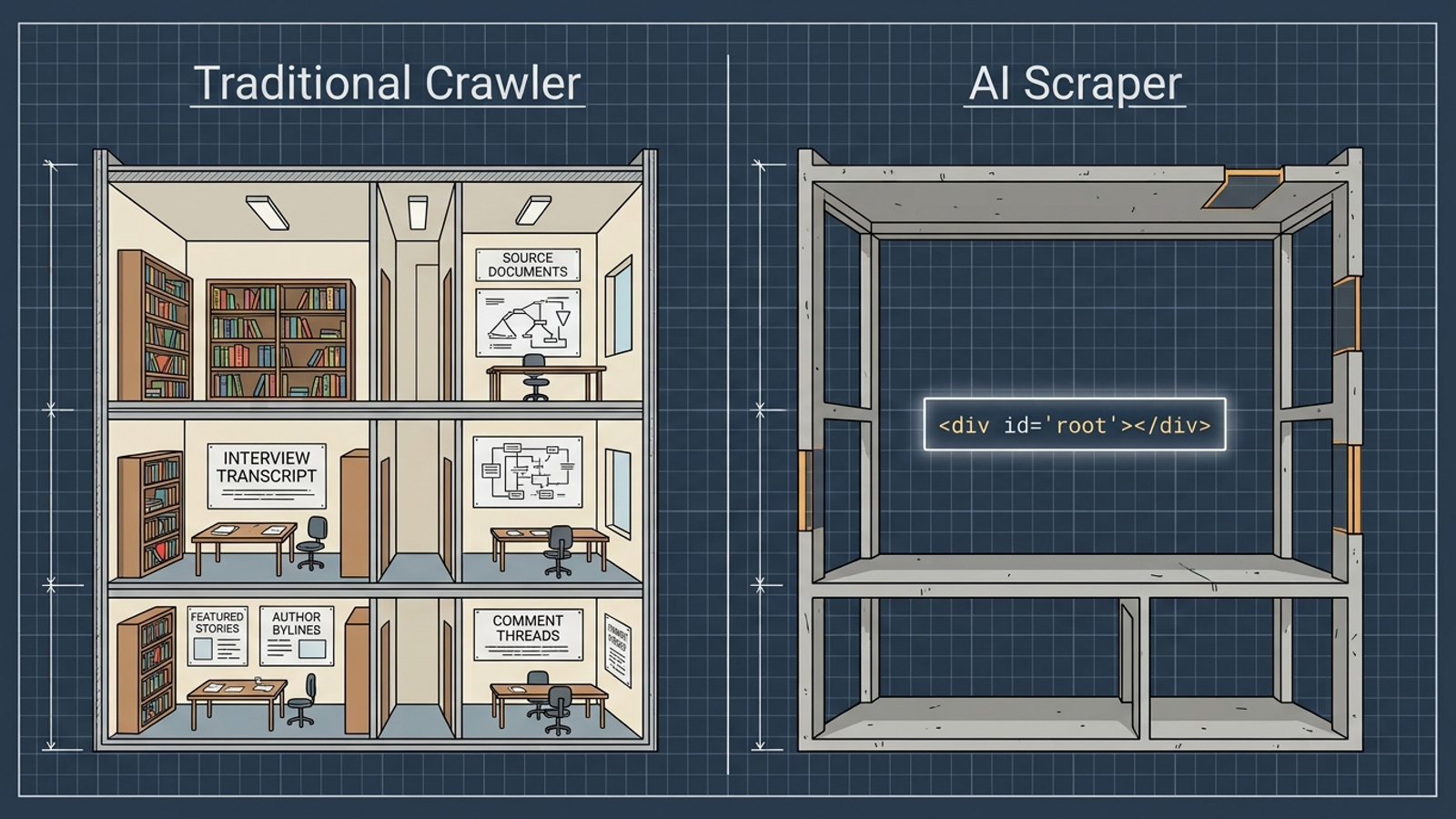 Cutaway comparison of a rendered webpage and the empty HTML shell an AI crawler may receive.