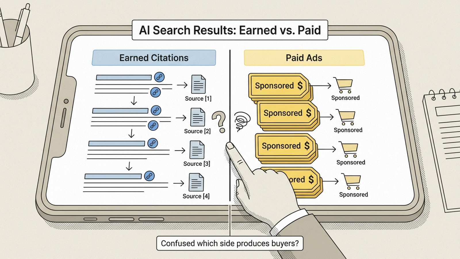 Split answer box showing earned citation links on one side and labelled sponsored ads on the other