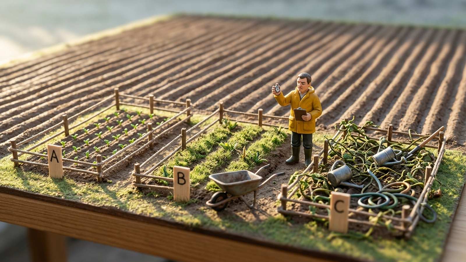 Tiny model farmer with a stopwatch times work on three test plots, from tidy to overgrown, before a vast empty field she hasn't planted yet.