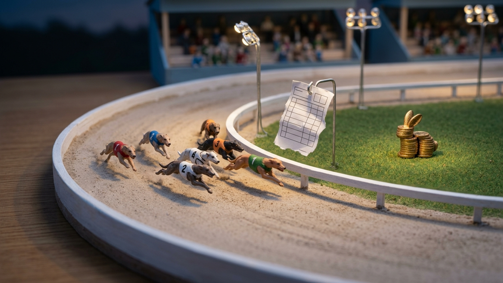 Tiny model greyhounds race after a paper form on the lure rail while a gold-coin rabbit sits ignored in the infield: chasing the metric, not the money.