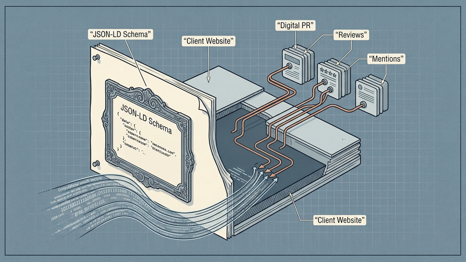 Diagram showing AI search engines drawing citations from external sources rather than relying only on on-page schema tags.