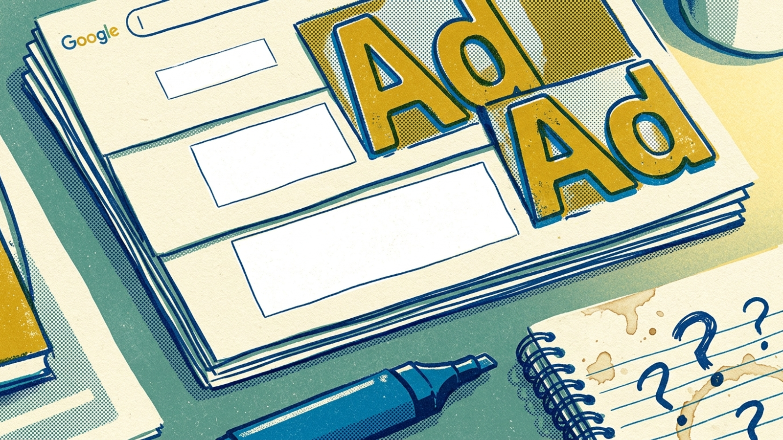 Stack of shrinking free answer boxes crowded by paid ad blocks