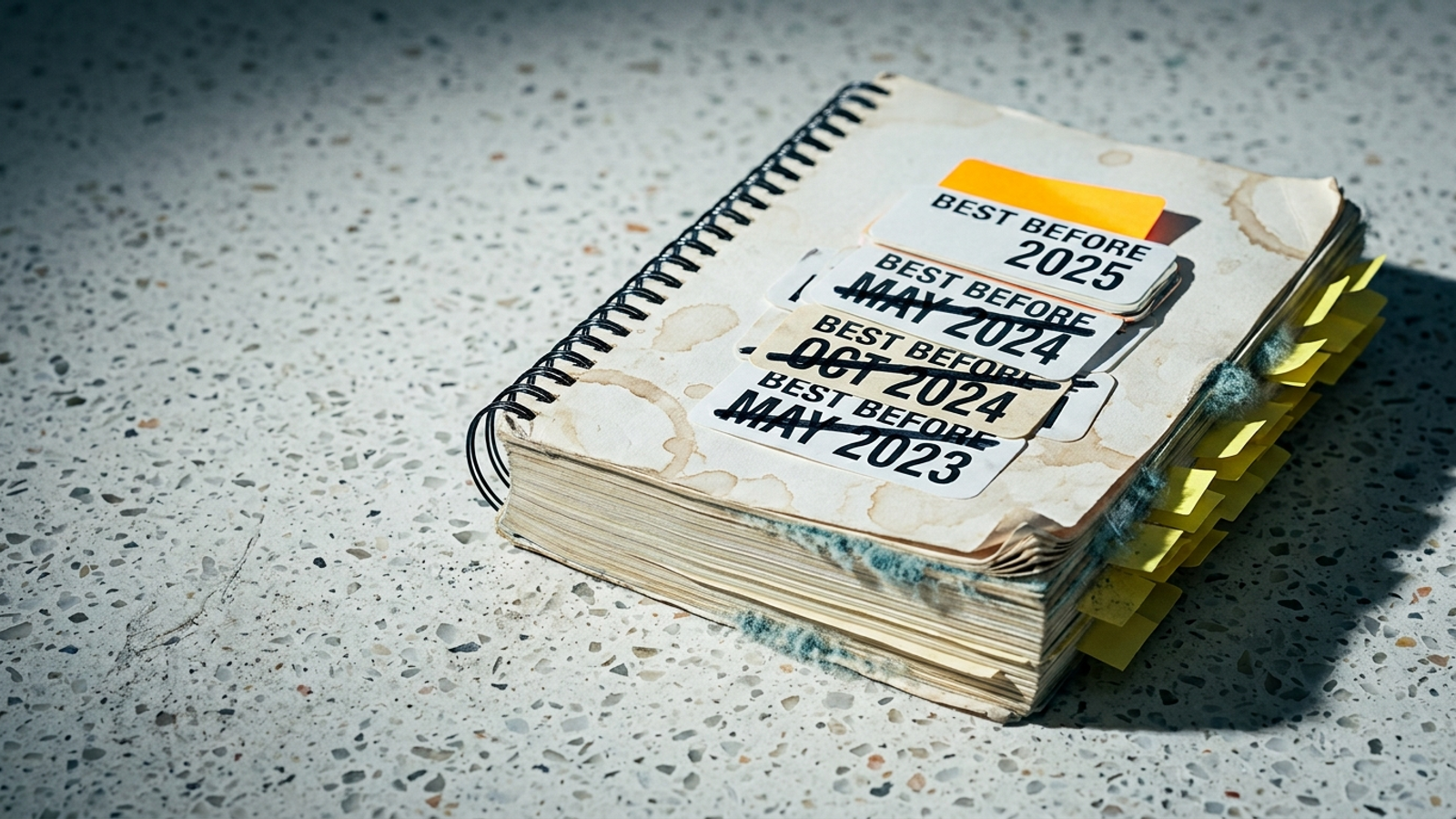 A battered marketing playbook covered in crossed-out 'best before' stickers and growing mould, suggesting SEO citation advice that keeps expiring.