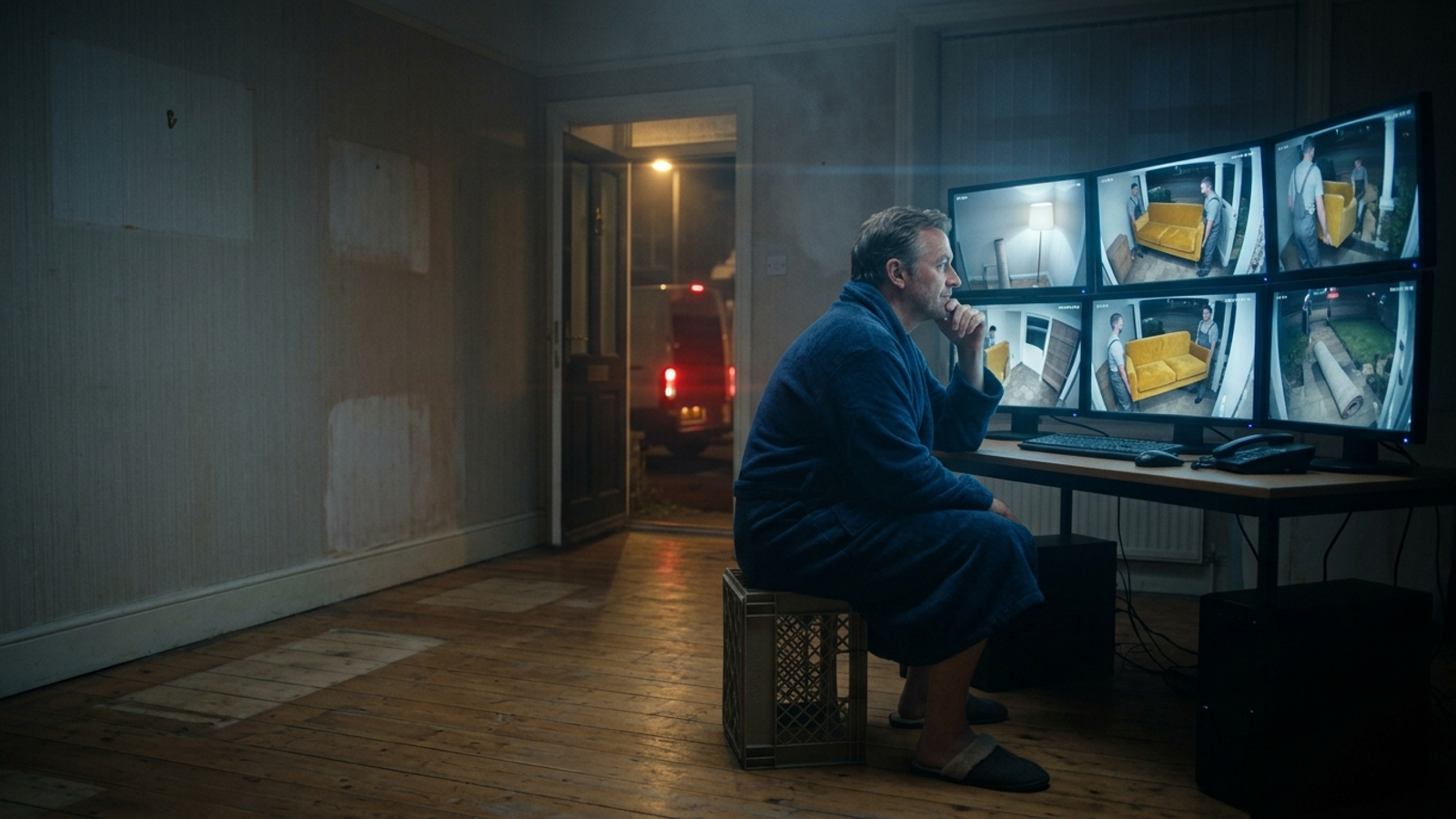 A man in a bathrobe sits in his emptied living room, calmly watching crisp security footage of movers carrying off his sofa: perfect evidence, nothing saved.