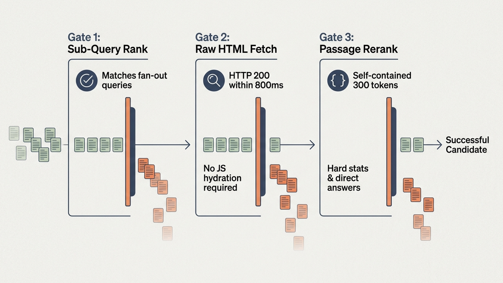 Diagram showing three gates for an AI citation: search visibility, readable page response, and passage selection.