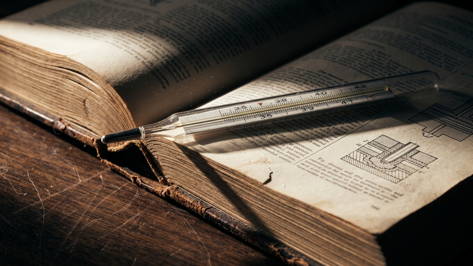 An antique glass thermometer resting across the open pages of a technical reference book.