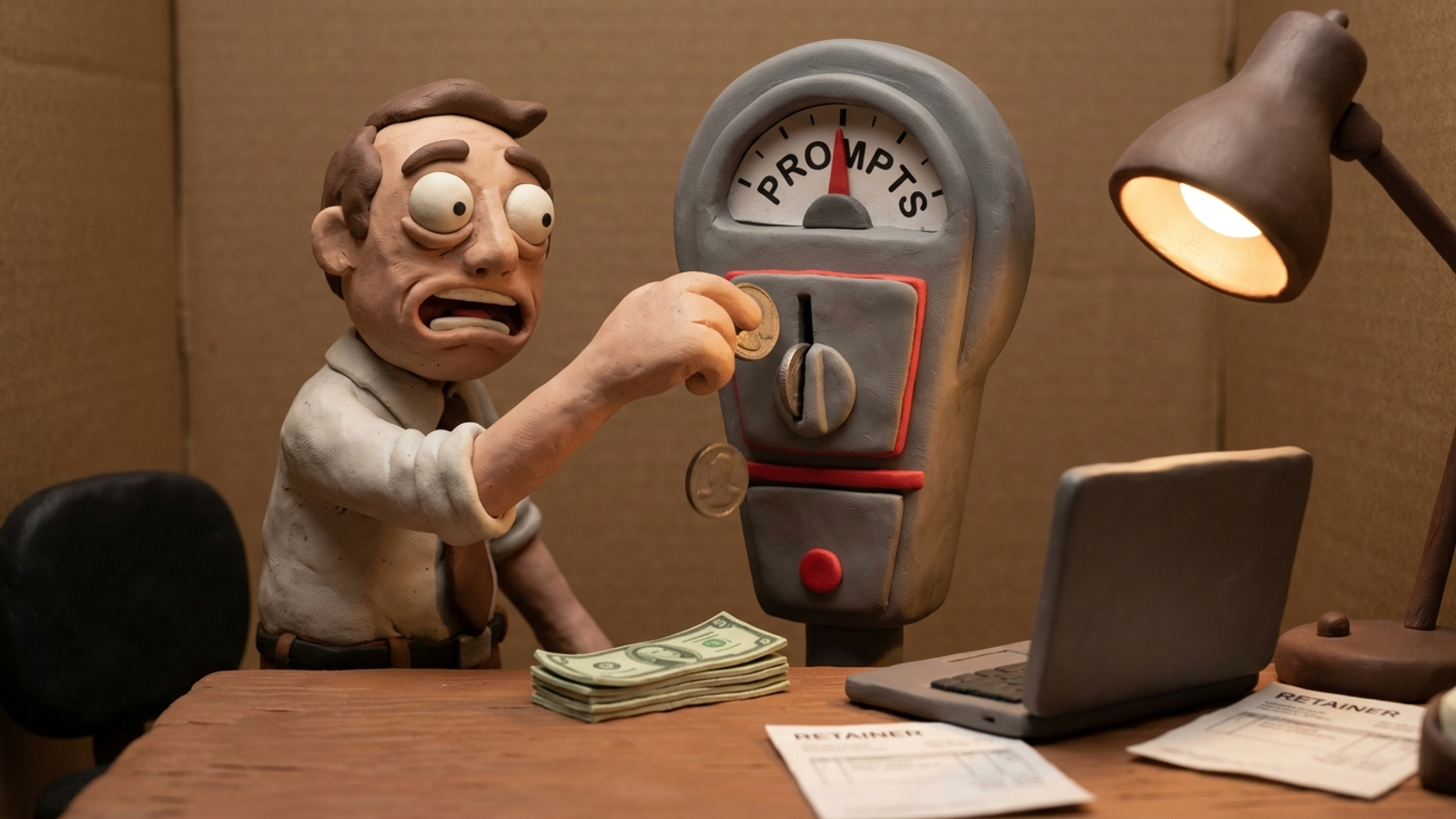 Clay agency owner watching a parking meter labeled prompts eat a stack of retainers
